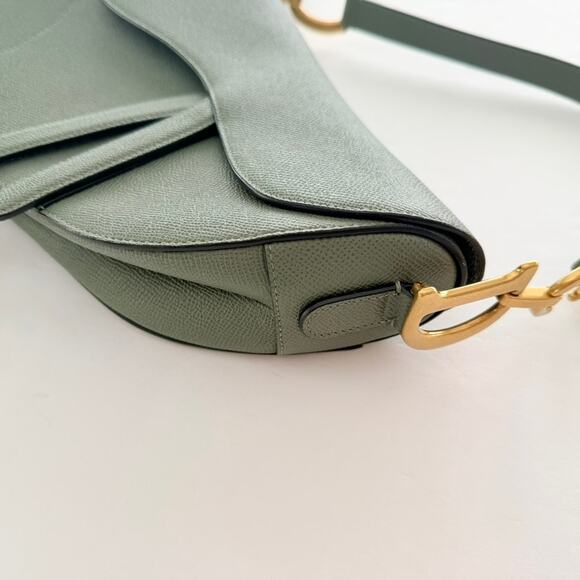 Christian Dior Saddle Bag Sage Green Crossbody Purse Pebble Leather Double Strap - Picture 5 of 15